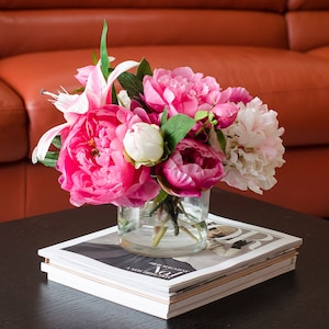 Large Silk Flower Arrangement-Silk Peony Centerpiece-Fuchsia Pink Peonies Arrangement-Silk Casablanca Lilies Arrangement-Faux Centerpiece