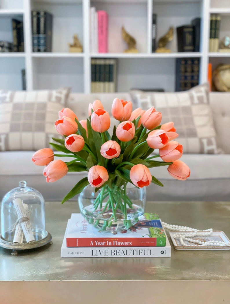 Large Tulip Table Centerpiece-Peach/Orange Tulip Flower Arrangement-Dinner Table Centerpiece Tulip-Floral Arrangement-Real Touch Arrangement image 4