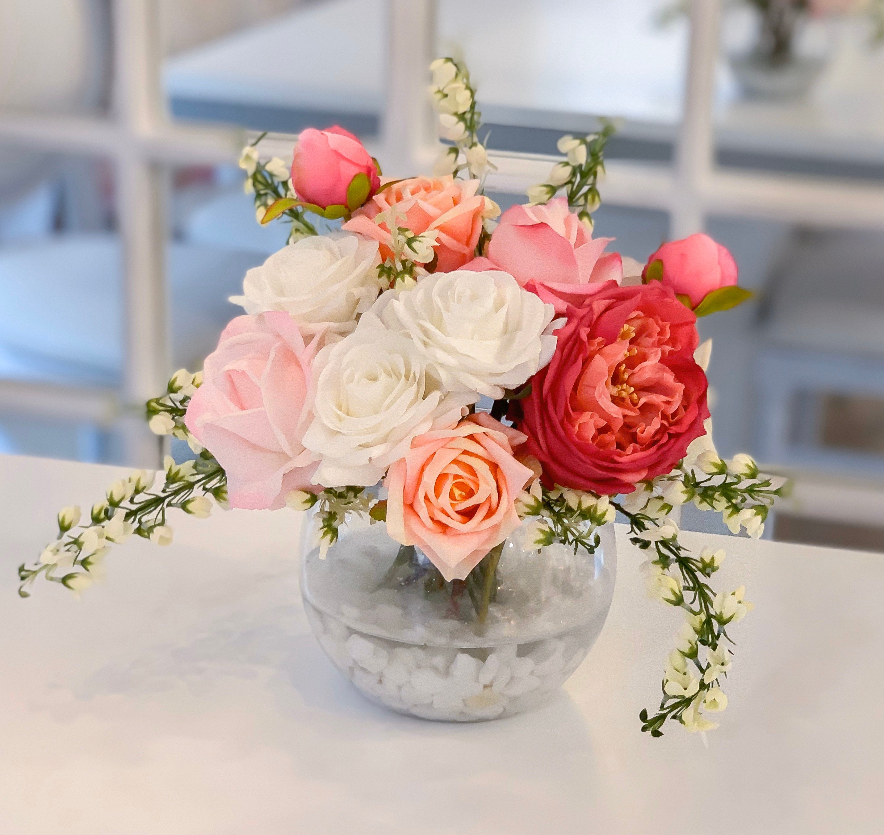 Magenta Rose Centerpiece: Mixed Pink & White Roses, Faux Floral