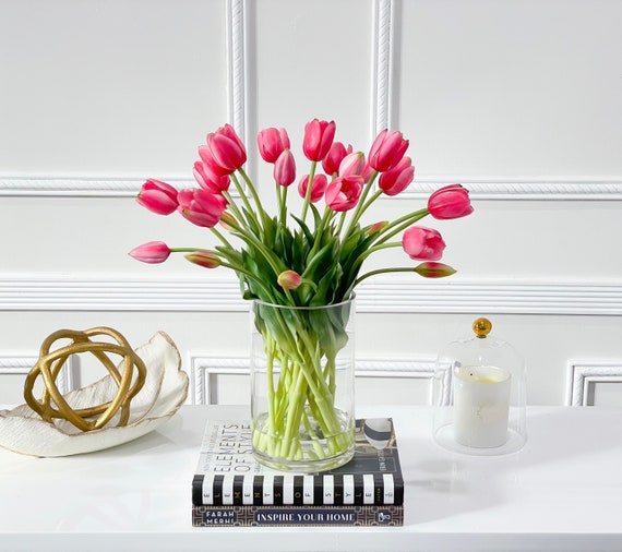 Primavera Real Touch tulipani in vaso di vetro, composizione di