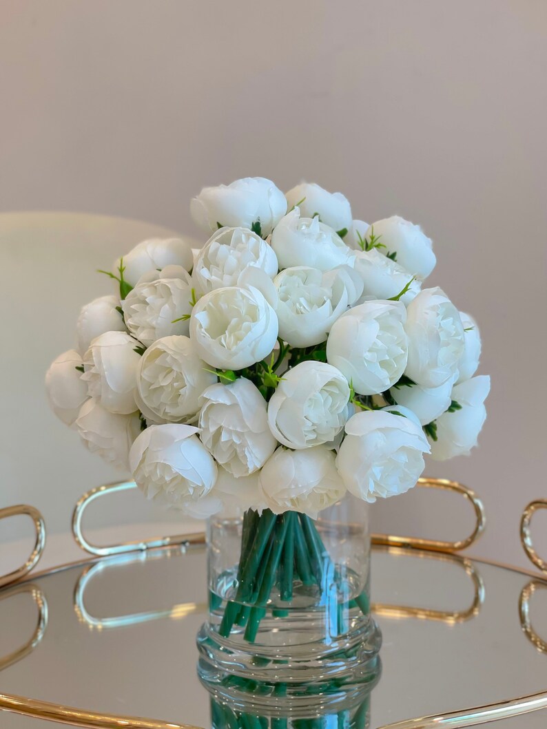 White Peony Arrangement-54 Silk Small Peonies Arrangement-Artificial Faux Centerpiece-Silk Flowers Arrangement-Home Decor Modern Arrangement image 5