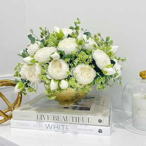 French Country White Peonies, Baby White Spray Green Artificial Faux Centerpiece In Timeless Gold Vase, Home Decor Flowers