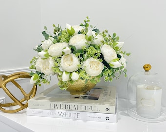 Faux White Peony Centerpiece: French Country Gold Vase Arrangement