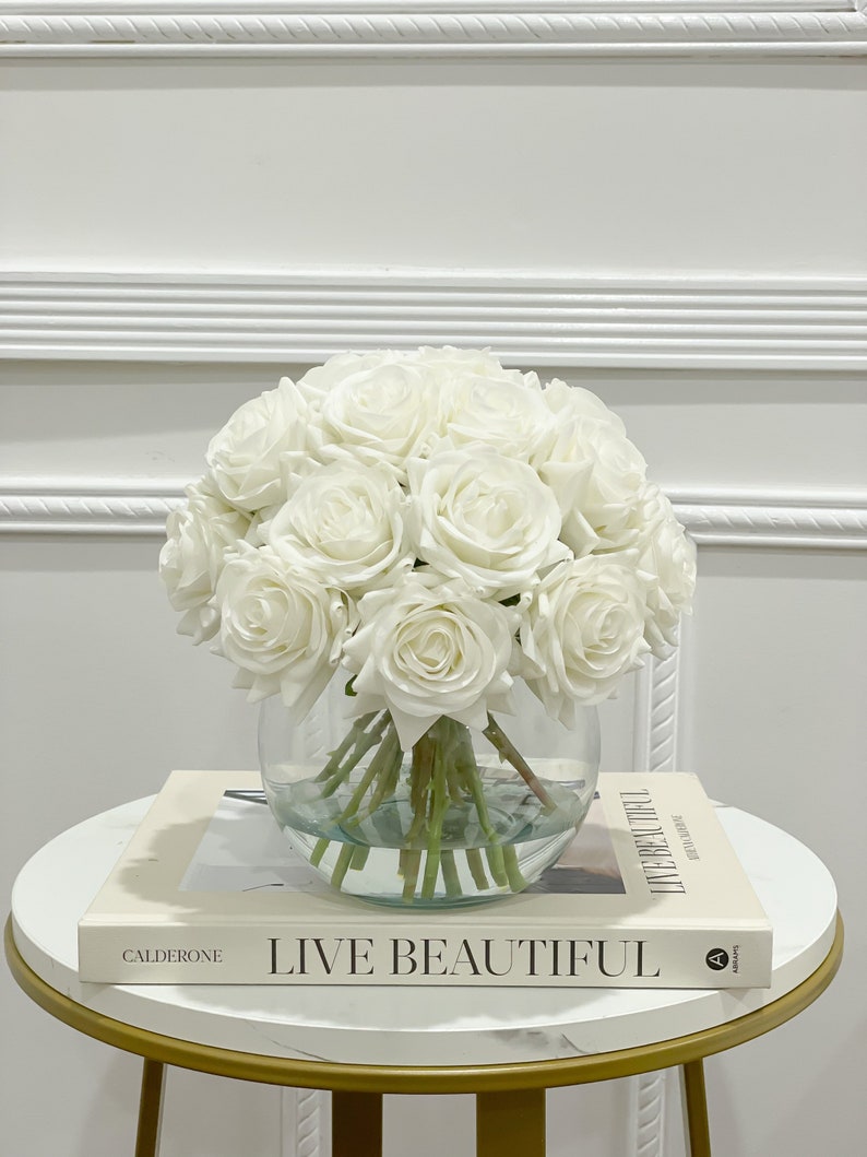 French Country Artificial Flowers Arrangement-Wedding Flower Arrangement-Real Touch White Roses Arrangement-White Rose Modern Centerpiece image 9