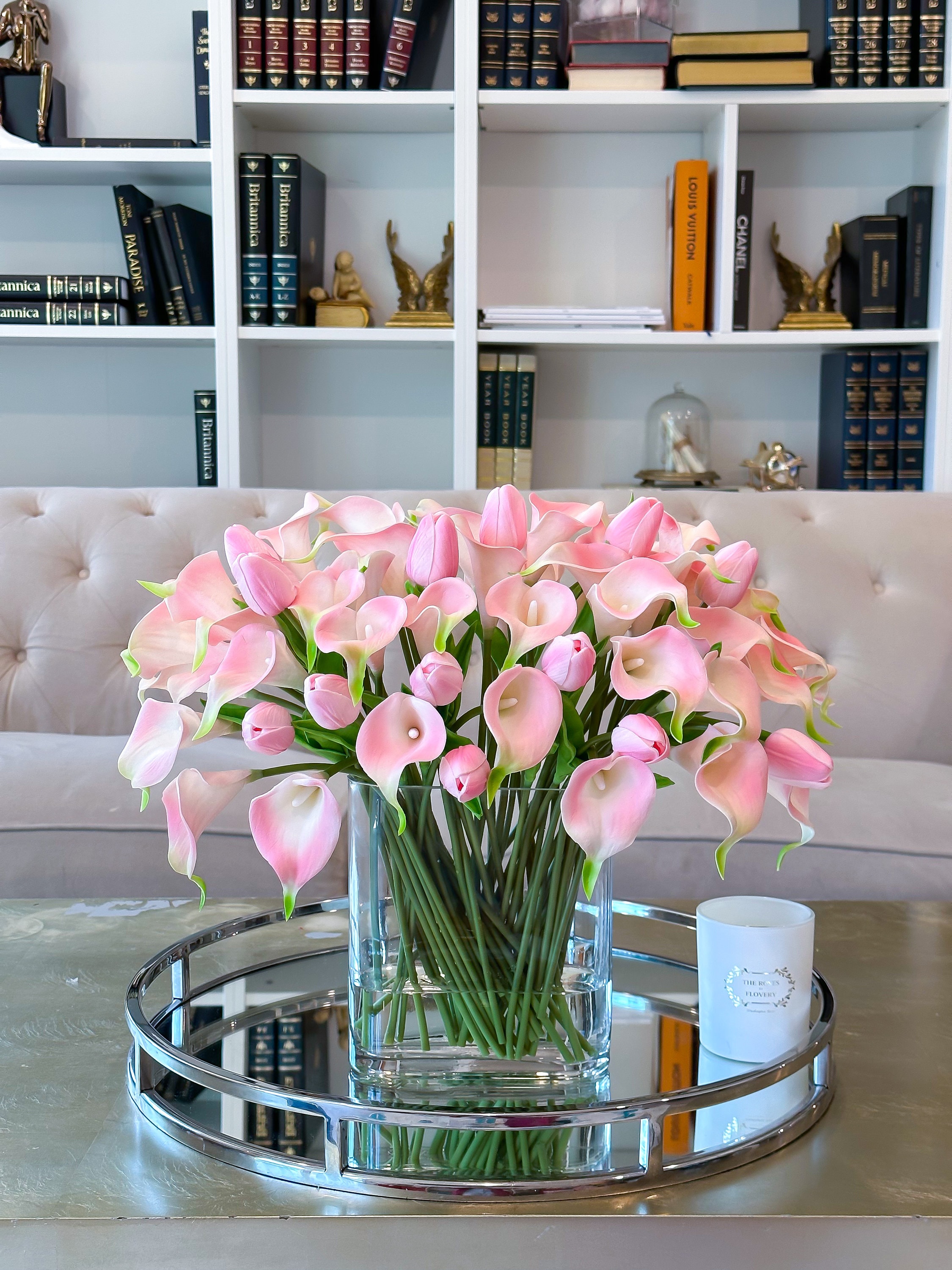 花瓶・フラワースタンド FRANZ XP1887 double calla lily desing Pink Calla Lily & Tulip Arrangement: Faux Floral Centerpiece - Etsy