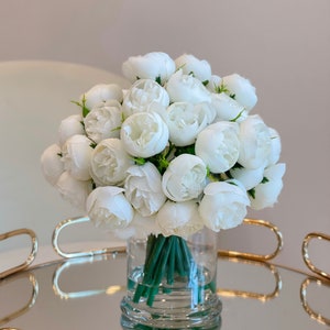 White Peony Arrangement-54 Silk Small Peonies Arrangement-Artificial Faux Centerpiece-Silk Flowers Arrangement-Home Decor Modern Arrangement With Modern Vase