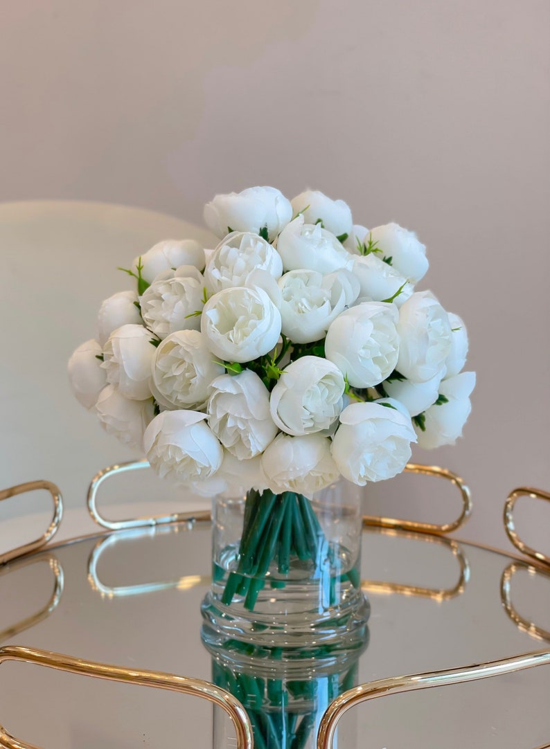 White Peony Arrangement-54 Silk Small Peonies Arrangement-Artificial Faux Centerpiece-Silk Flowers Arrangement-Home Decor Modern Arrangement With Modern Vase
