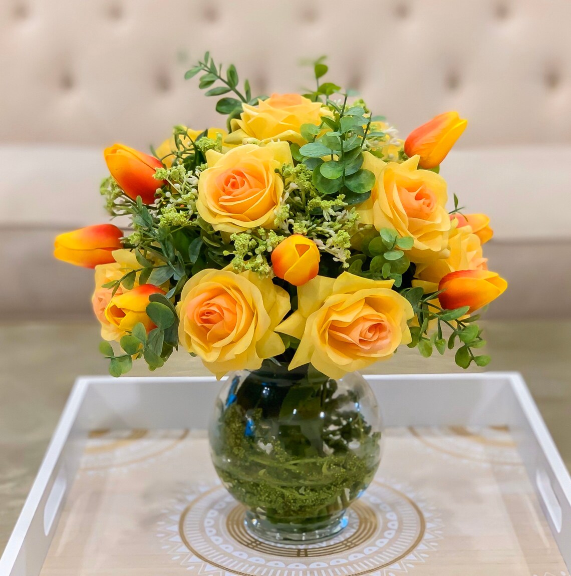 Real Touch Yellow Roses Centerpiece Real Touch Orange Tulips Etsy