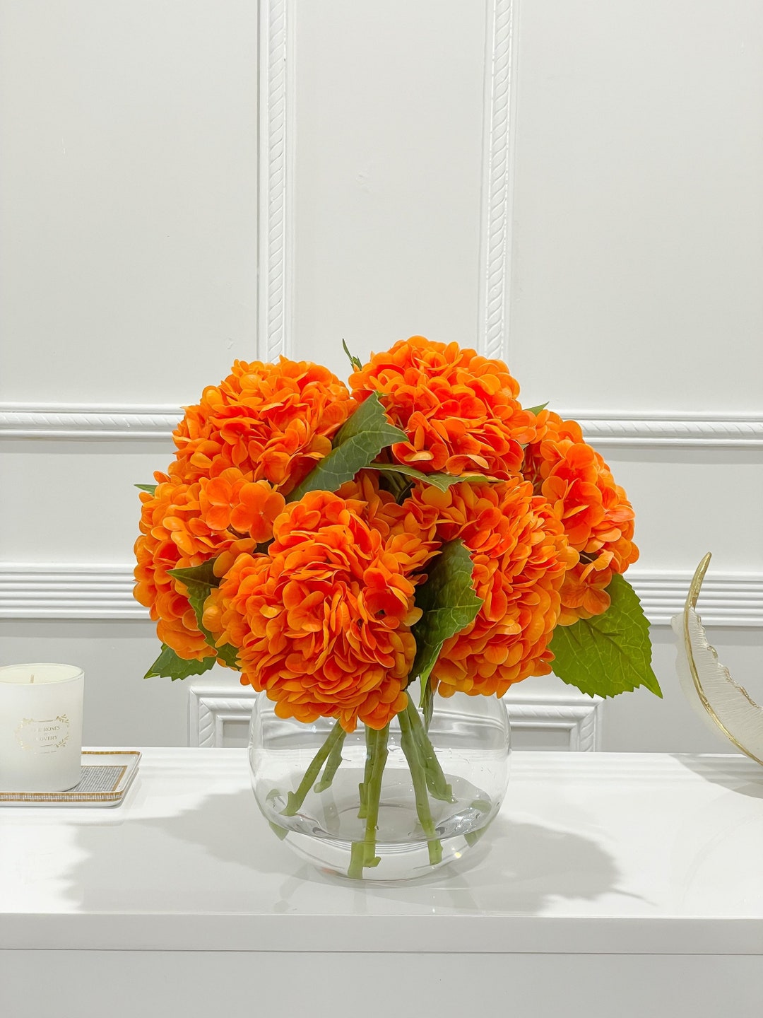 Large Real Touch Fall Orange Hydrangeas in Glass Vase Faux Etsy