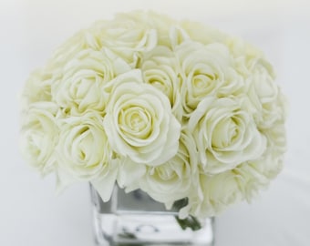 Real Touch White Roses Arrangement using Artificial Faux Silk Flowers for Home Decor