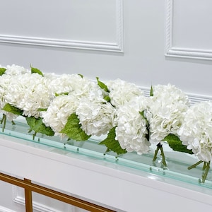 Long White Real Touch French Hydrangea Arrangement, Pink Artificial Faux Centerpiece In Long Glass Vase, Floral French Decor Centerpiece