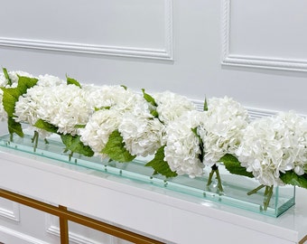 Real Touch weiße Hortensie Mittelstück: lange Glasvase, französisches Dekor