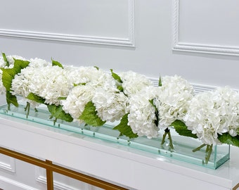 Long White Real Touch French Hydrangea Arrangement, Pink Artificial Faux Centerpiece In Long Glass Vase, Floral French Decor Centerpiece