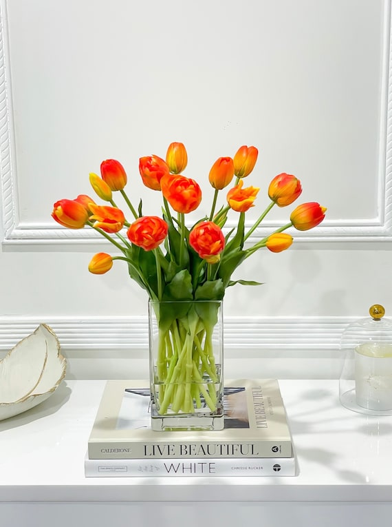 Eyamumo Vaso In Vetro Con 20 Tulipani Artificiali In Seta | Altezza Vaso 20,3 Cm | Fiori Finti Realistici Per Decorazione Casa