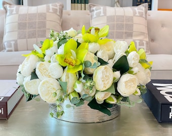 14" Large Arrangement-White Peony Artificial Flower Arrangement-Modern Centerpiece-Luxury Silk Flowers In Glass Vase For Home Decor
