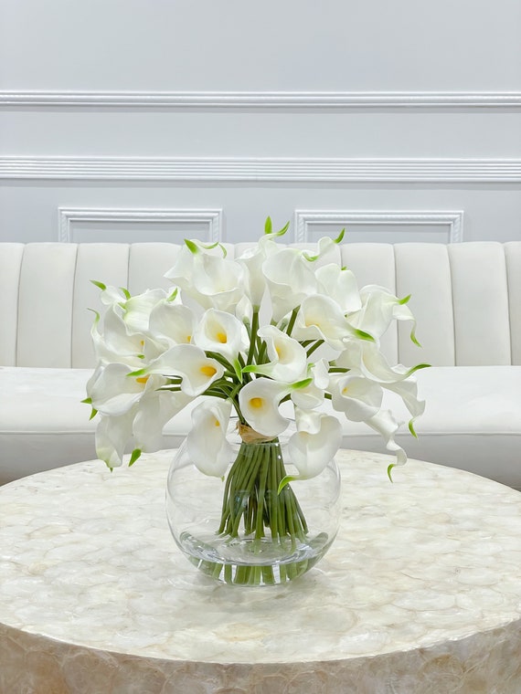 Real Touch Calla Lilies in Glass Vase: Faux Floral Centerpiece