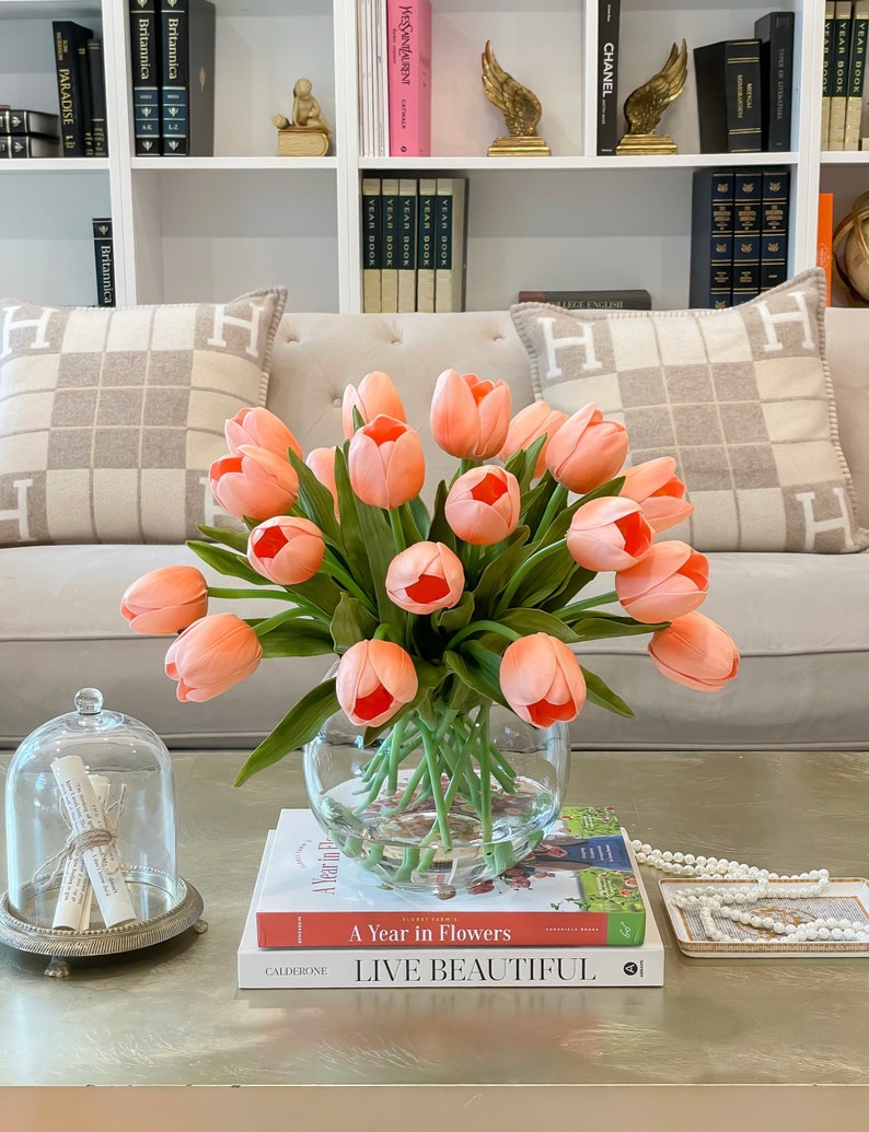 Large Tulip Table Centerpiece-Peach/Orange Tulip Flower Arrangement-Dinner Table Centerpiece Tulip-Floral Arrangement-Real Touch Arrangement image 2