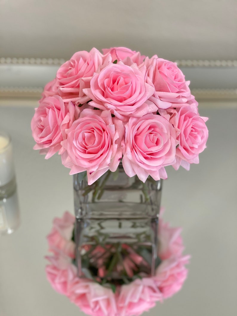 Bestseller-12 Real Touch Rose Arrangement-White Real Touch Flower Arrangement-Artificial Faux Silk Rose Centerpiece-Rose Floral Arrangement Hot Pink
