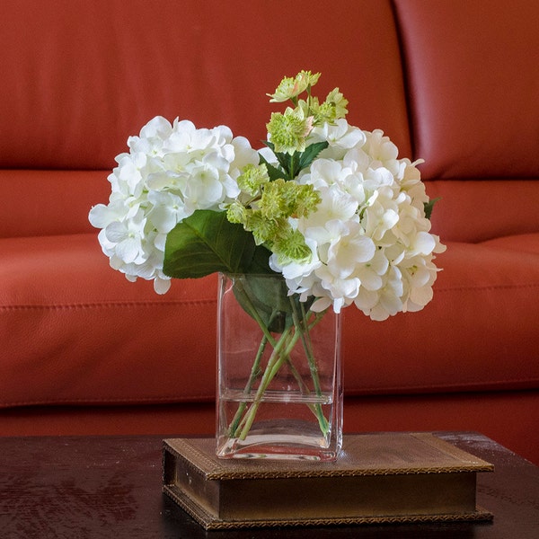 Real Touch White Hydrangea Arrangement mixed with finest  Silk Flowers Greenery Spray Artificial Faux in Tall Square Vase