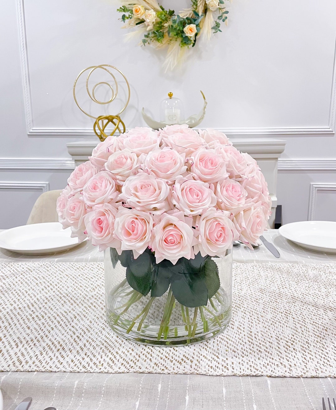 Real Touch Blush Pink Roses Arrangement: French Country Faux Floral ...