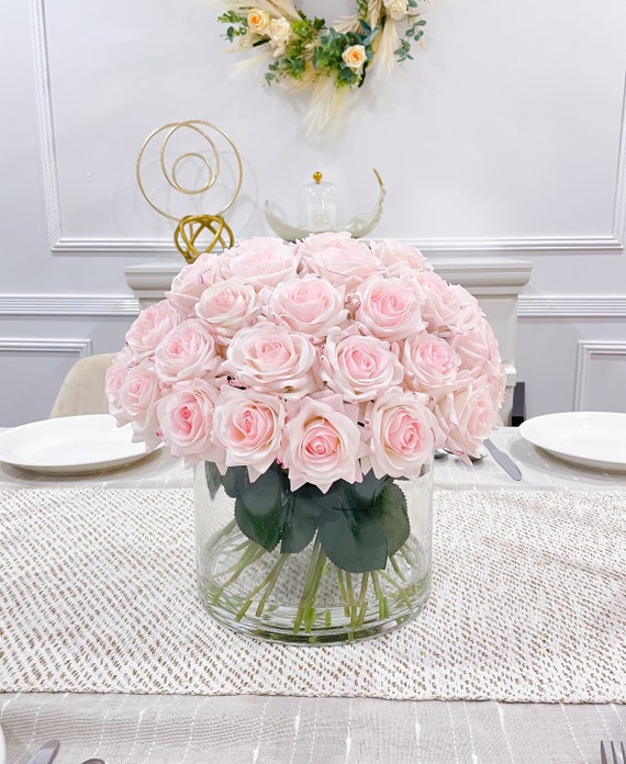 Real Touch Blush Pink Roses Arrangement in Vase French Country Artificial Flowers Floral Centerpiece Realistic Faux Floral Home Decor Etsy