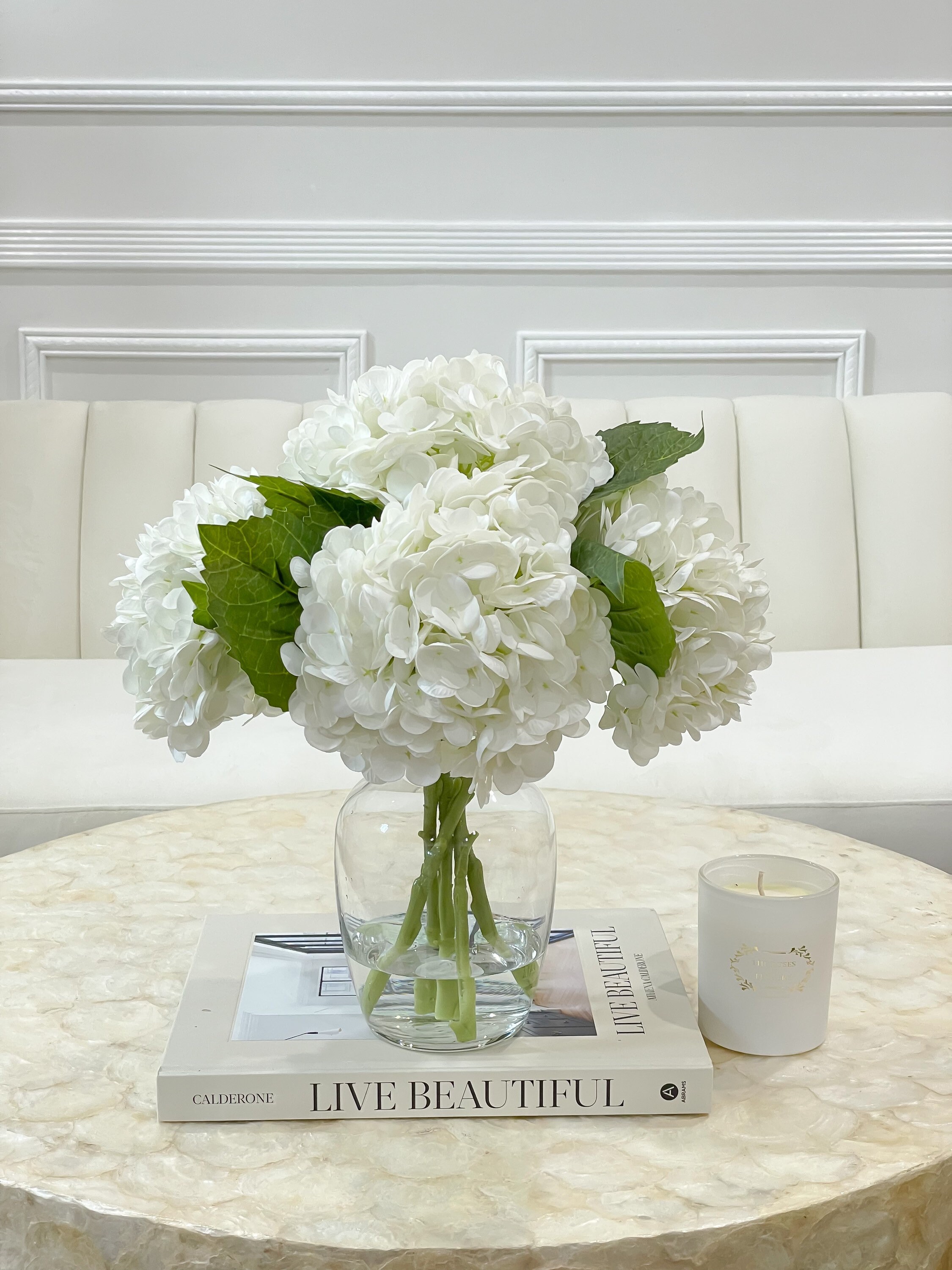 Image of White robe hydrangea flower arrangement