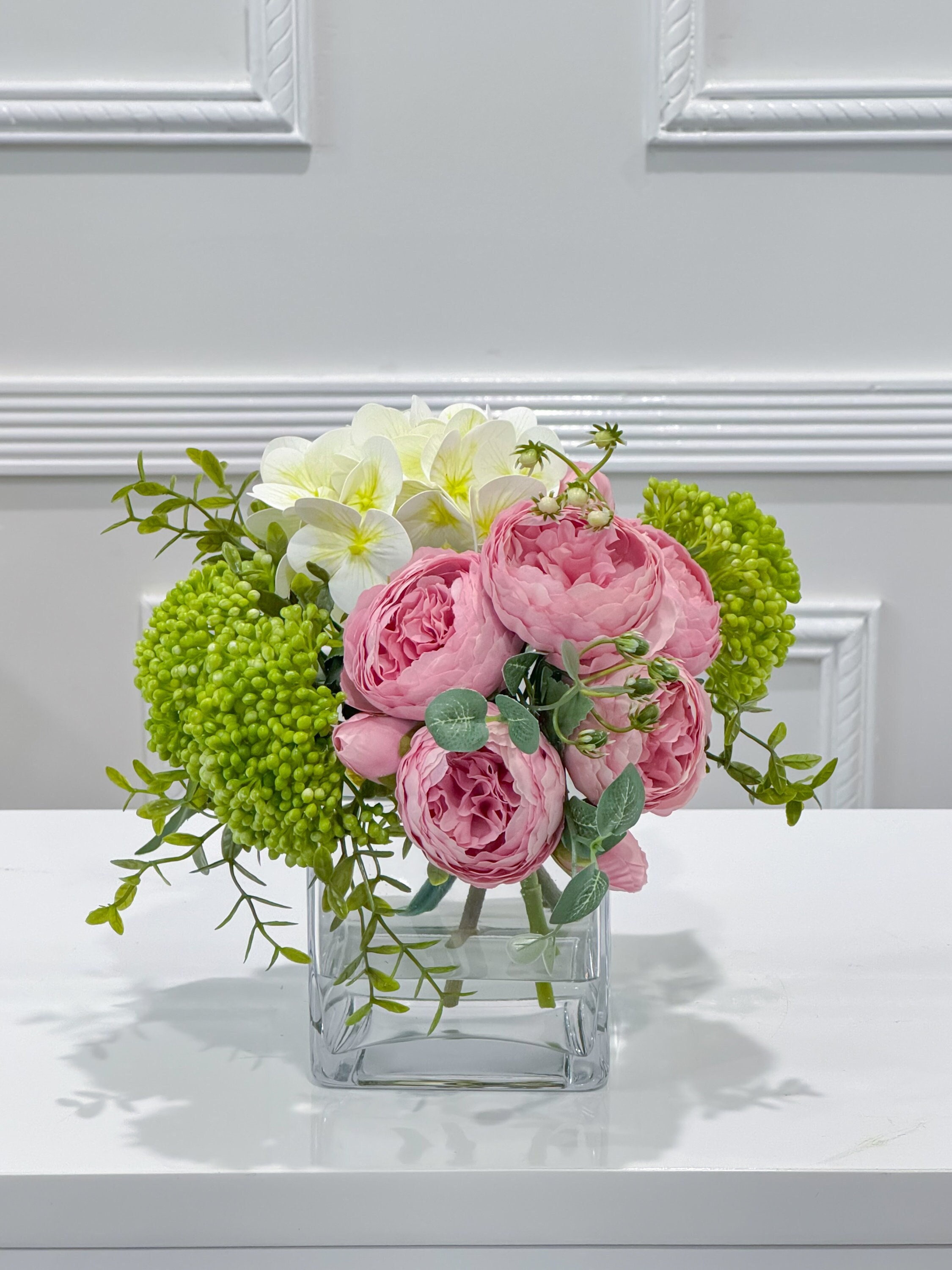 Pink Peonies and Hydrangea, Green Berries, Arrangement Artificial Faux Centerpiece, Elegant Mother's Day Centerpiece in Vase Home Decor