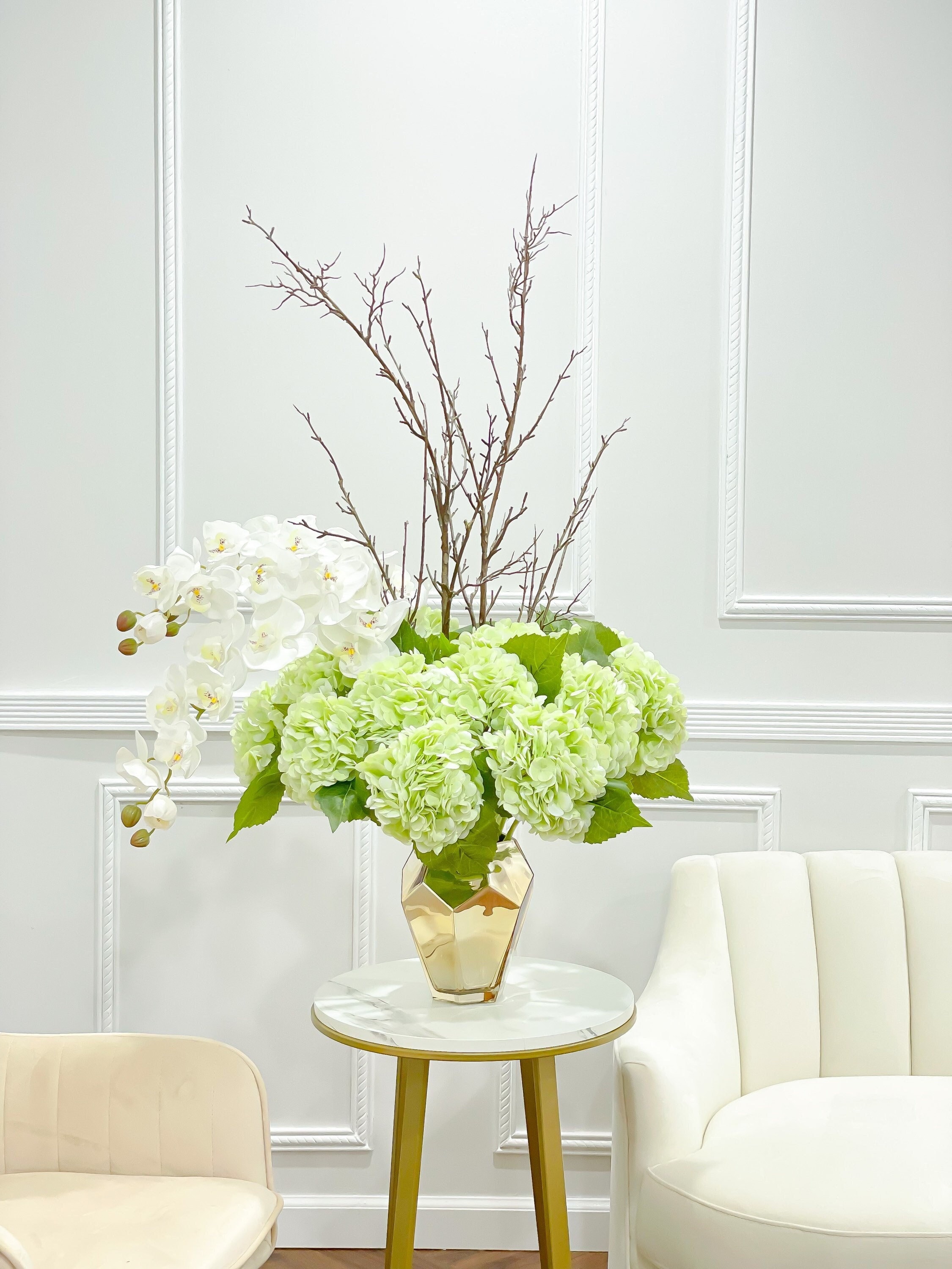 Tall Hydrangea Centerpiece 42inFlower Arrangement for Foyer TableWhite Orchids CenterpieceLarge French Centerpiece Real Touch