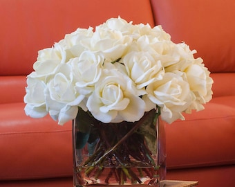 Large White Real Touch Rose Arrangement: Faux Floral Centerpiece