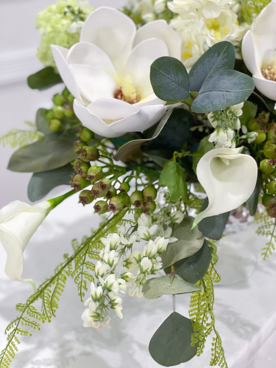 3 Steli Di Magnolia Artificiali Bianche, Fiori Finti In Seta Per Centrotavola E Decorazioni Casa - 6