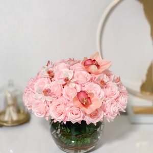 Real Touch Pink Rose Flower Arrangement-Rose Centerpiece-Rose Floral Arrangement-Centerpiece for Dining Table Real Touch Pink/White Orchid image 4