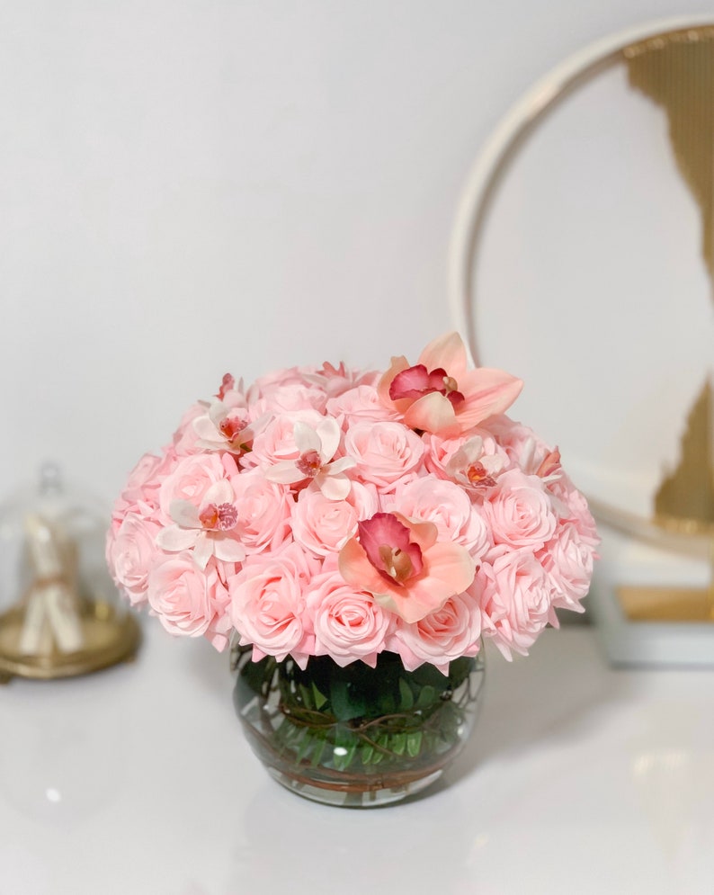 Real Touch Pink Rose Flower Arrangement-Rose Centerpiece-Rose Floral Arrangement-Centerpiece for Dining Table Real Touch Pink/White Orchid image 4