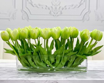 Modern Long Real Touch Tulip Arrangement in Rectangle Glass Vase, Green Ombré Artificial Tulip Faux Centerpiece Luxury French Floral Decor