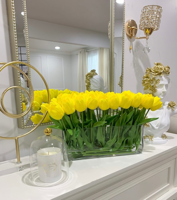 Arreglo moderno de tulipanes largos con tulipanes amarillos de tacto real,  pieza central de tulipanes artificiales para decoración del hogar, arreglo  de tulipanes franceses -  México