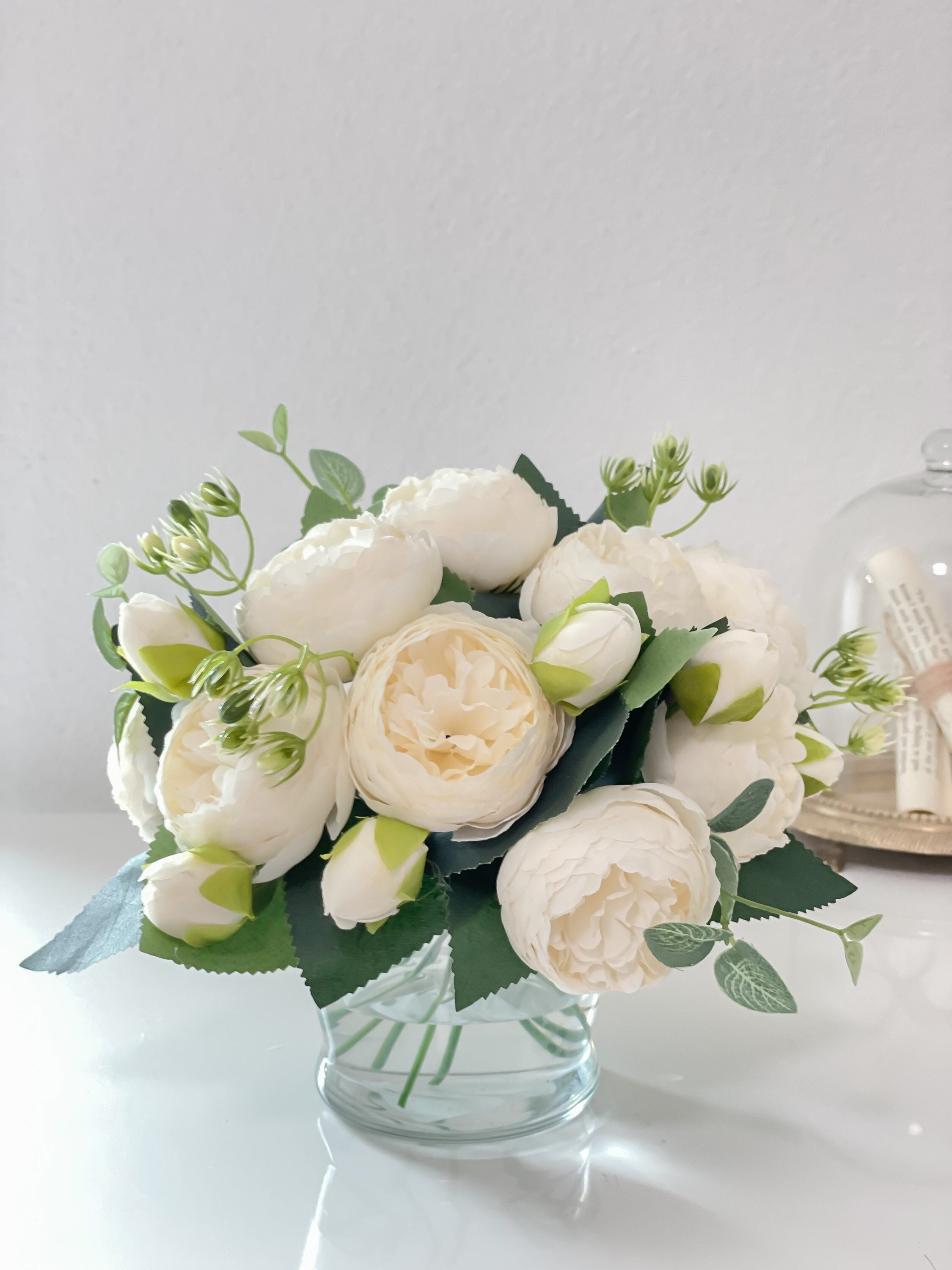 White Rose Peony Arrangement, Artificial Faux Centerpiece, Floral Silk  Flowers in Gold Vase for Home Decor
