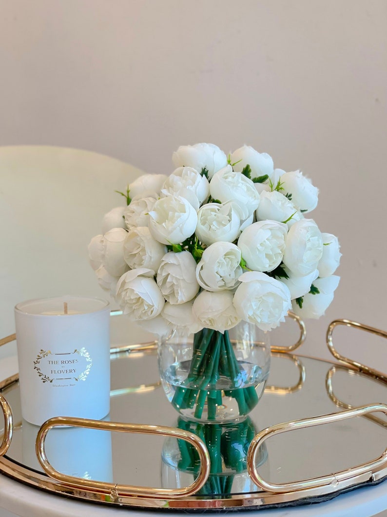 White Peony Arrangement-54 Silk Small Peonies Arrangement-Artificial Faux Centerpiece-Silk Flowers Arrangement-Home Decor Modern Arrangement image 1