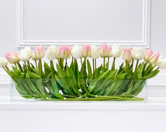 Modern Long Pink/ White Real Touch Tulip Arrangement in Glass Vase Tulip Faux Centerpiece Luxury French Floral Table Decor