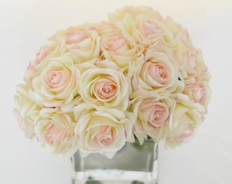 Real Touch Ivory Roses Pink Tipped Arrangement using Artificial Faux Silk Flowers for Home Decor