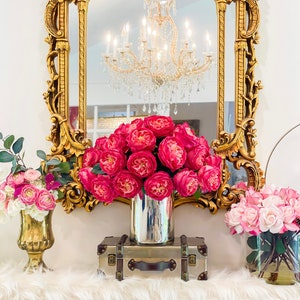 Luxury Arrangement-Unique Modern Arrangement-Large Austin Roses Real Touch Flower Arrangement-Fuchsia Centerpiece In Gold Vase Home Decor
