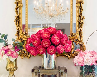 Luxury Arrangement-Unique Modern Arrangement-Large Austin Roses Real Touch Flower Arrangement-Fuchsia Centerpiece In Gold Vase Home Decor
