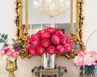 Luxury Arrangement-Unique Modern Arrangement-Large Austin Roses Real Touch Flower Arrangement-Fuchsia Centerpiece In Gold Vase Home Decor