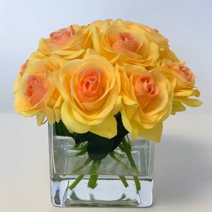 Real Touch Yellow Roses Arrangement Artificial Faux Silk Arrangement Rose Flowers Square Glass Vase for Home Decor image 1