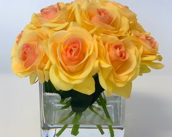 Real Touch Yellow Roses Arrangement Artificial Faux Silk Arrangement Rose Flowers Square Glass Vase for Home Decor