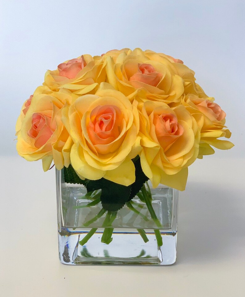 Real Touch Yellow Roses Arrangement Artificial Faux Silk Arrangement Rose Flowers Square Glass Vase for Home Decor image 1