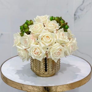 Real Touch White Cream Rose Arrangements In Gold Vase - Flovery Everlasting Centerpiece - All Occasions