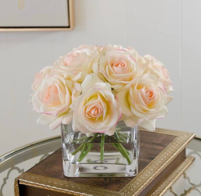 Bestseller-12 Real Touch Rose Arrangement-White Real Touch Flower Arrangement-Artificial Faux Silk Rose Centerpiece-Rose Floral Arrangement Ivory pink tipped