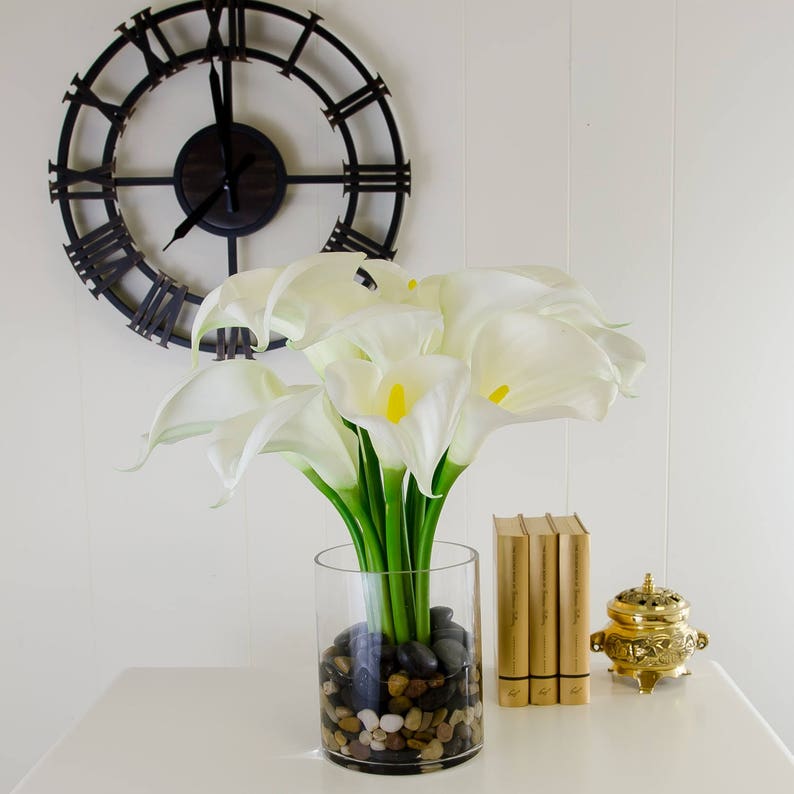 Large Real Touch White Calla Lilies Artificial Flowers Arrangement in Round Glass Vase for Artificial Faux Home Decor image 1
