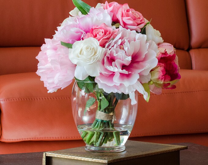 Silk Peonies Arrangement With Pink Real Touch Flowers Rose Cabbage