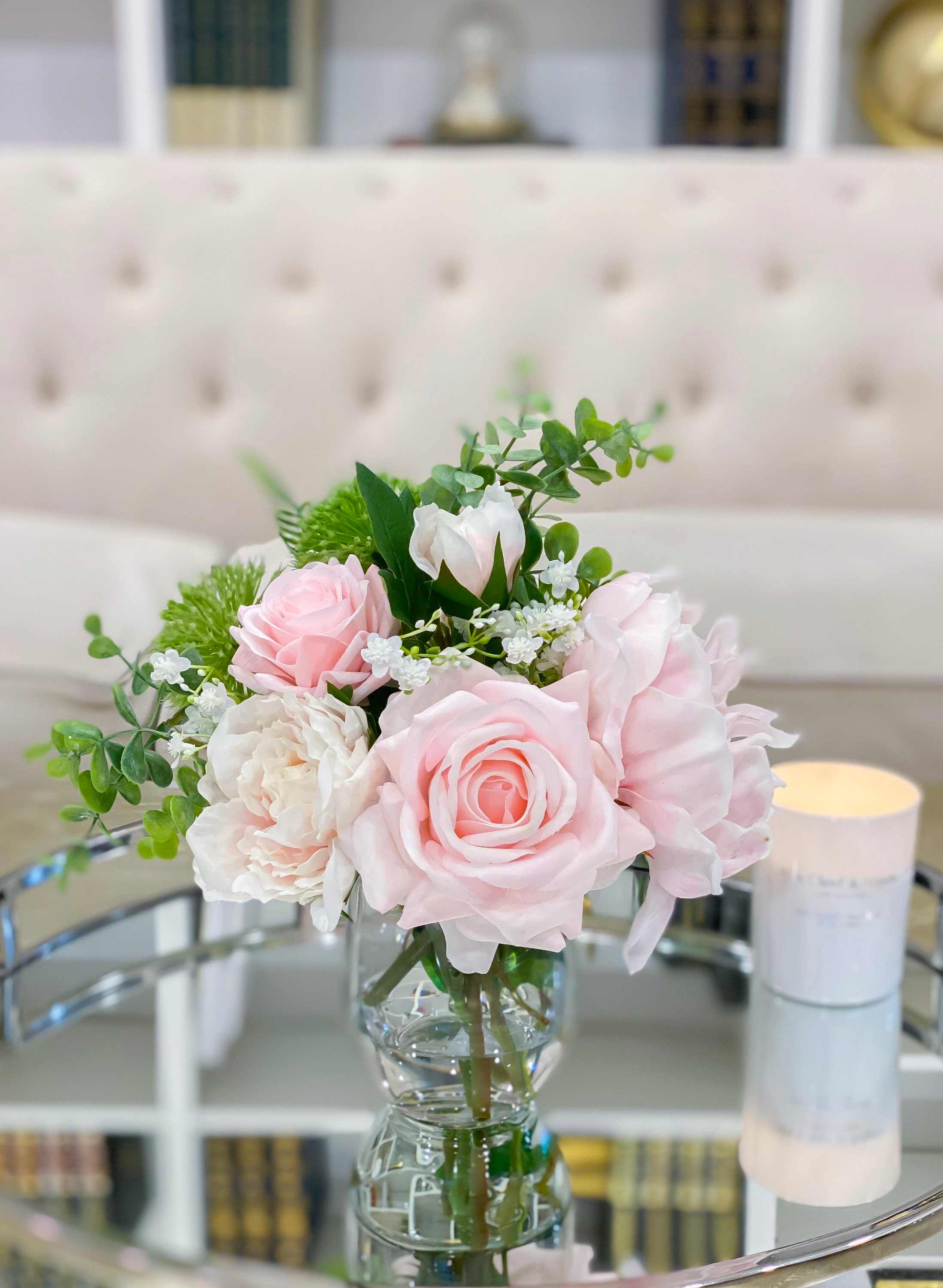 13 Inch Artificial Peony Arrangement With Faux Water – Fuchsia Silk Flower