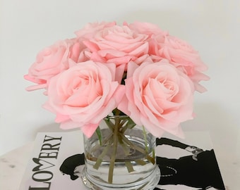 Real Touch Rose Floral Arrangement in Vase-Floral Arrangement-Real Touch Flower Arrangement-Rose Floral Arrangement-Pink Rose Centerpiece